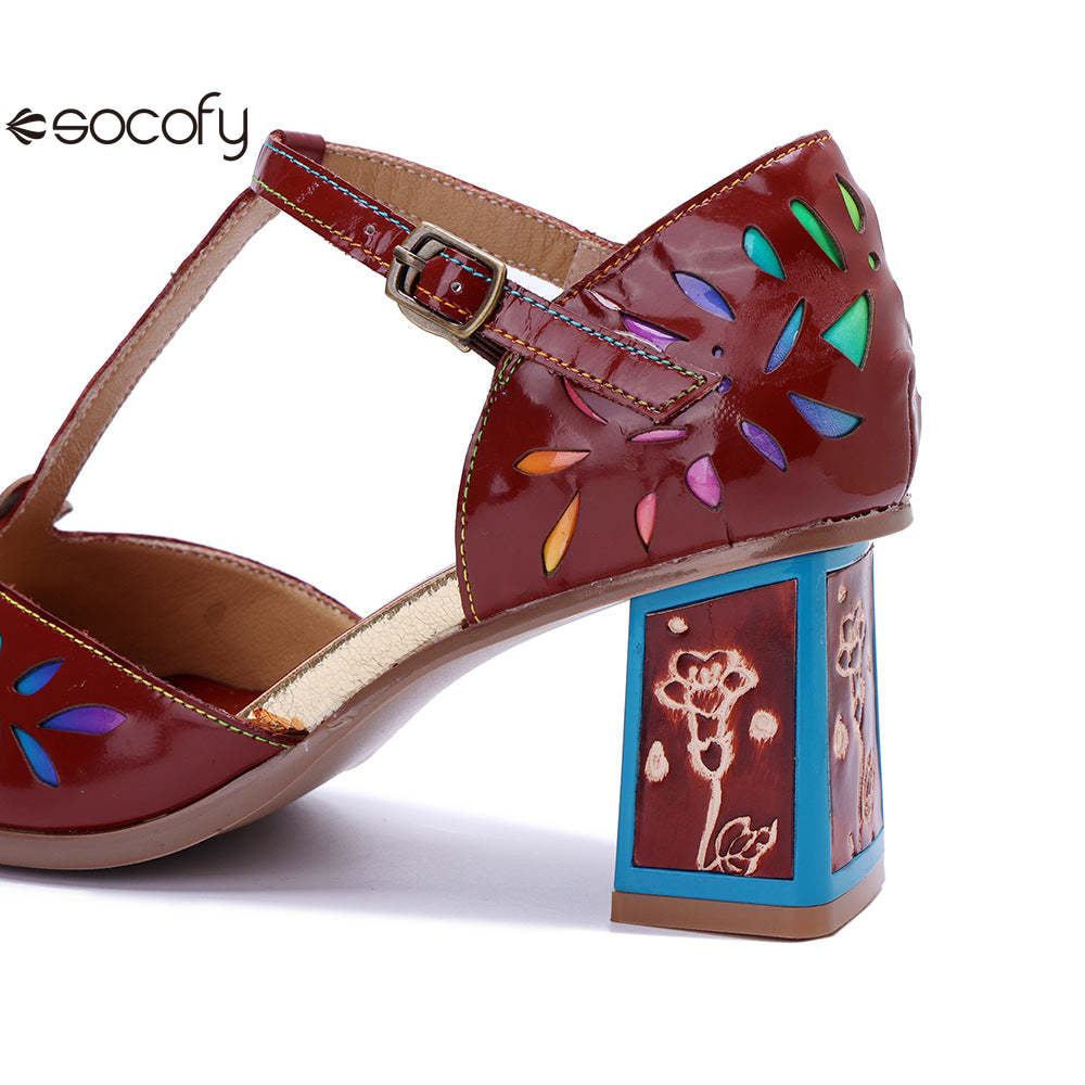 Socofy Vicconfy Women's Leather Handmade Color Rubbed Hollow Flower Square Heel High Heeled Sandals