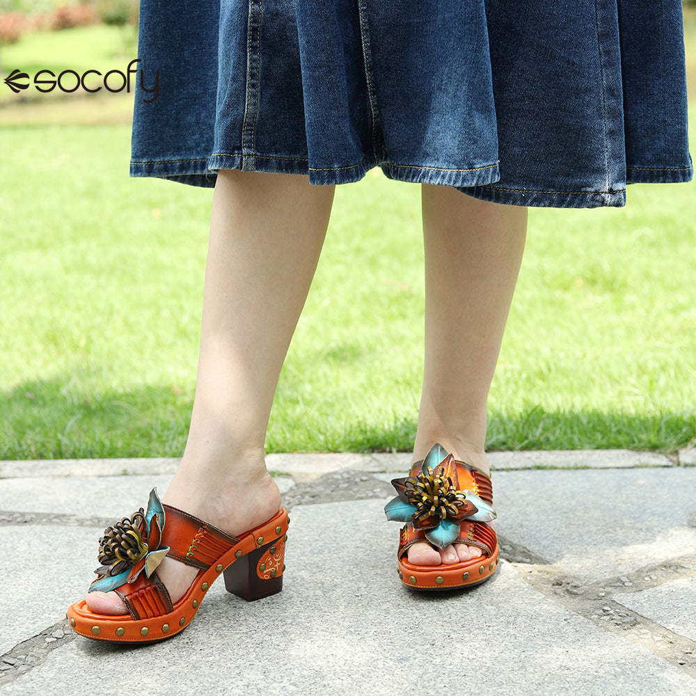 Socofy Genuine Leather Hand-painted Retro High Heeled Slippers Sandals