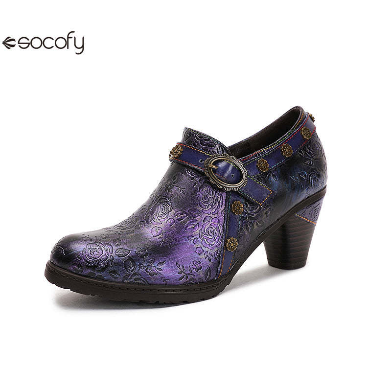 Socofy Ethnic style thick heel retro shoes pumps