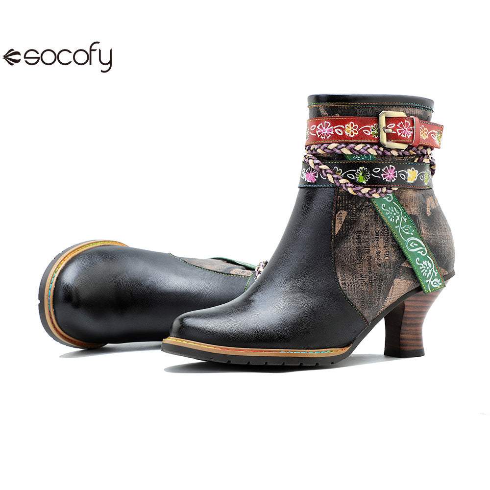 Socofy Vicconfy Genuine Leather Vintage Braided Belt Buckle Boots