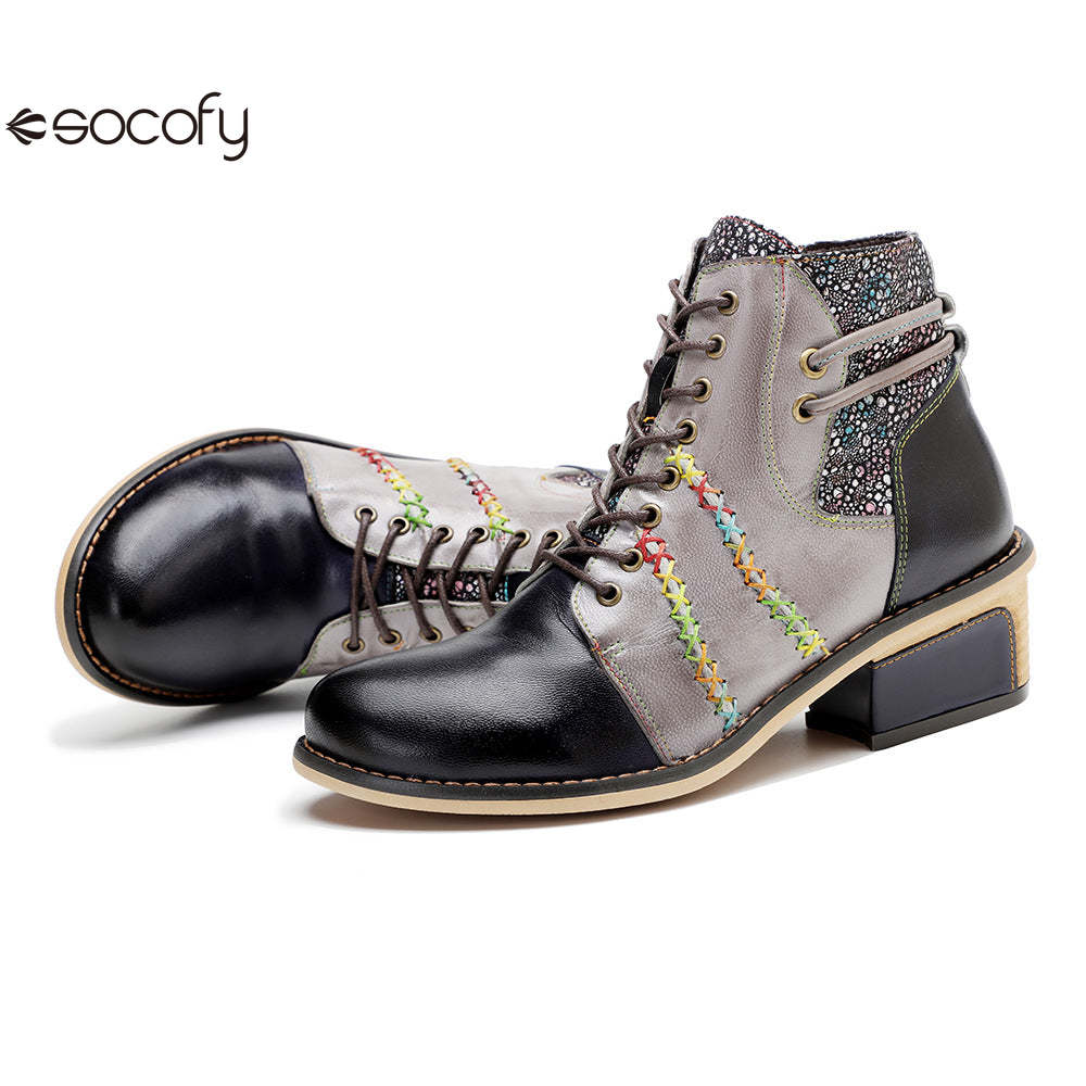 Socofy Vicconfy Handmade Leather Scuffed Vintage Women's Boots