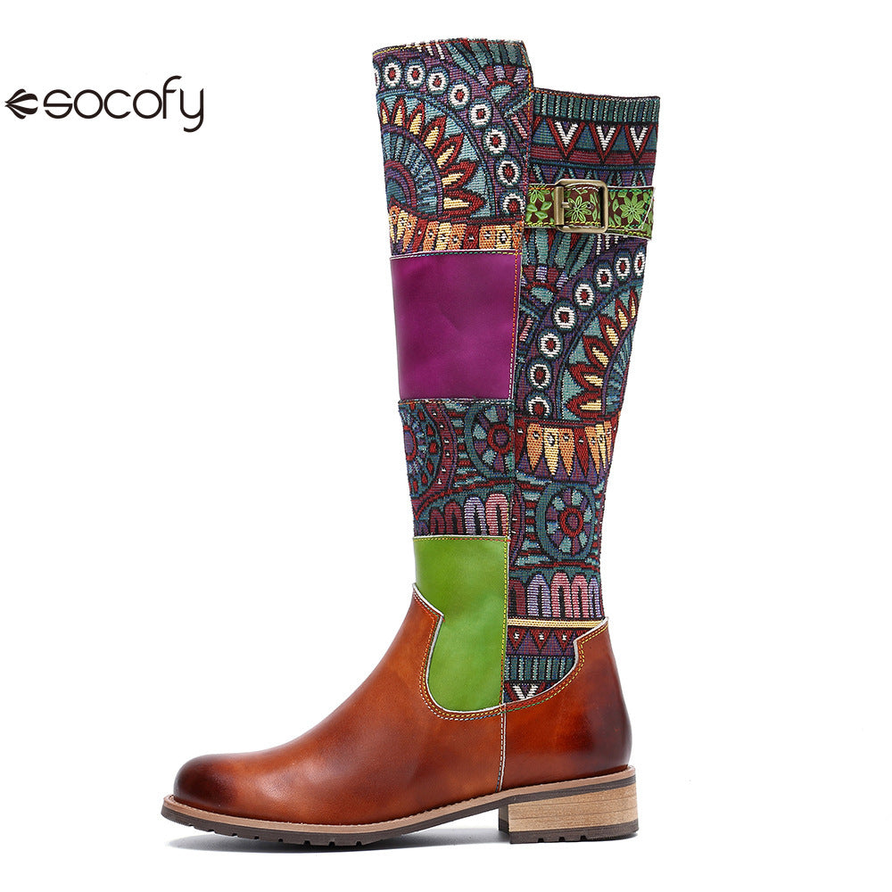 Socofy Vicconfy Genuine Leather Vintage Patchwork Long Warm Boots