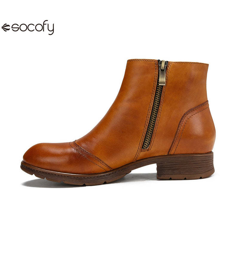 Socofy Vicconfy Women's Rivet Leather Boots Vintage Women's Shoes