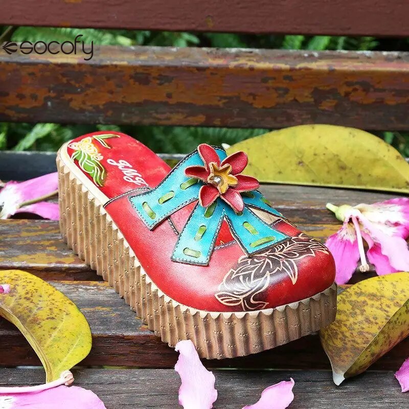 Socofy Genuine Leather Hand-painted Flower Summer Platform Slippers