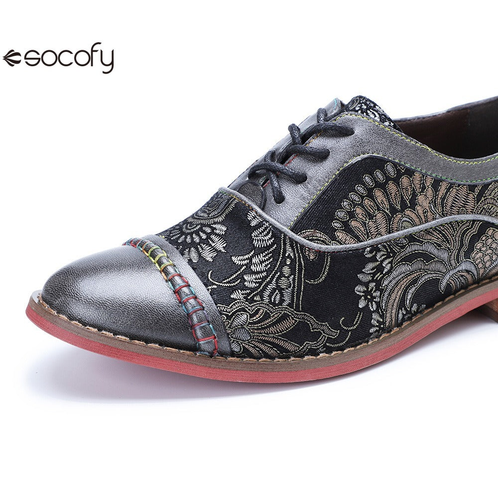 Socofy Handmade Leather Vintage Lace-Up Flats Loafers Shoes