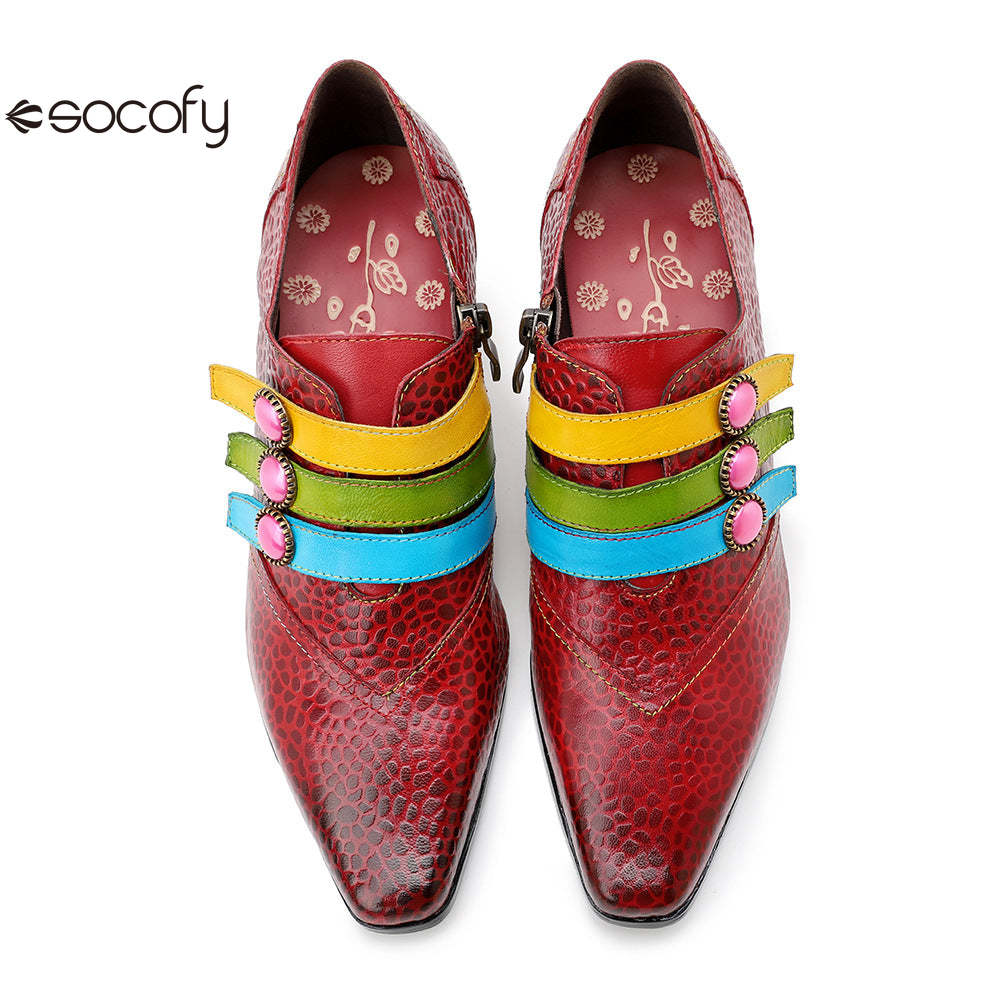 Socofy Red Leather Vintage Buckle High Heels Women's Shoes