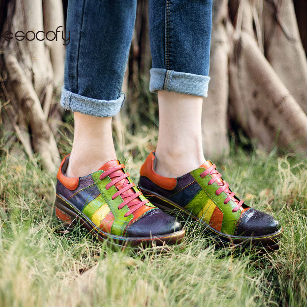 Socofy Colour Patchwork Genuine Leather Women's Flat Shoes