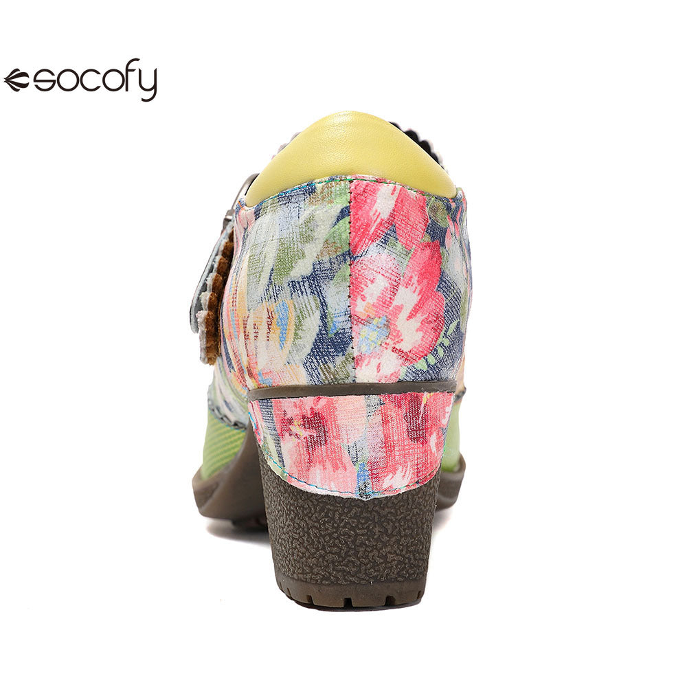 Socofy Vicconfy Floral Leather Women's Mary Jane Heel