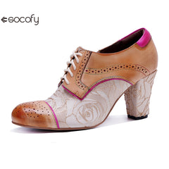 Socofy Genuine leather vintage splicing rose fashion lace-up high heels shoes