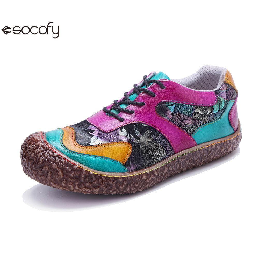 Socofy Vicconfy Genuine Leather Retro Lace Up Comfortable Casual Women's Shoes