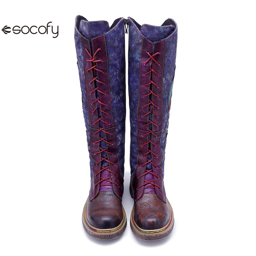 Socofy Vicconfy Locomotive Texture Dark Flower Women's Boots Flat Women's Boots