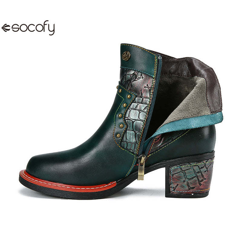 Socofy Vicconfy Women's Martin Boots Leather Patchwork Ethnic Vintage Short Boots