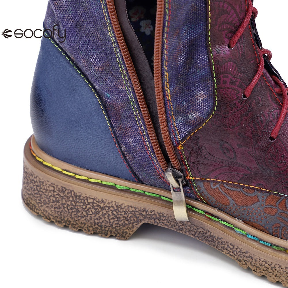 Socofy Vicconfy Locomotive Texture Dark Flower Women's Boots Flat Women's Boots