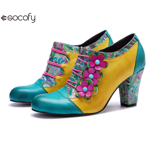 Socofy Leather Genuine Leather Vintage Floral Chunky Heeled Pumps 1000