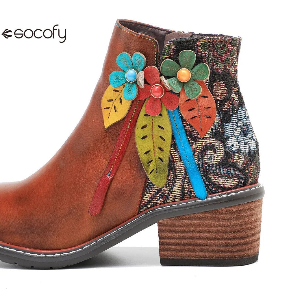 SOCOFY Winter New Round Toe Patchwork Handmade Ankle Boots