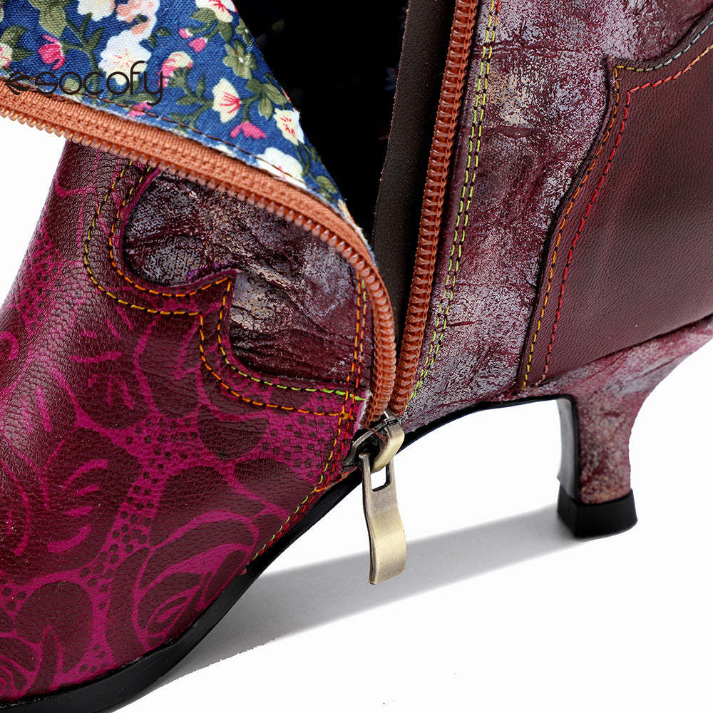 Socofy Leather Printed Patchwork Belt Buckle Slim Heel Women's Boots