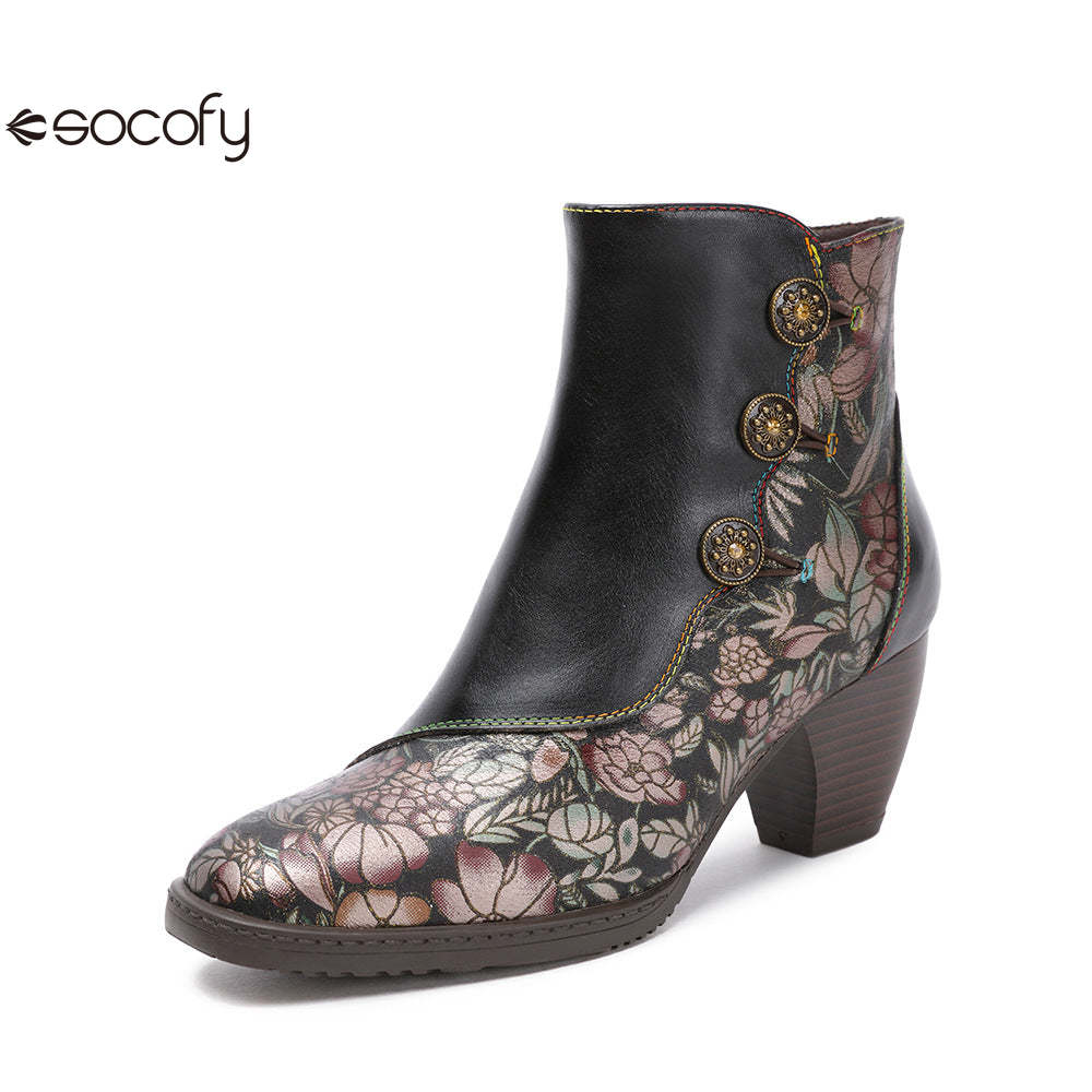 Socofy Leather Retro Flowers Fashionable Zipper Heel Boot