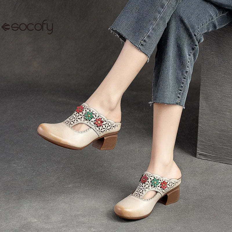 Socofy Ethnic Style Flower Mid Heel Round Toe Retro Comfortable Versatile Women Shoes