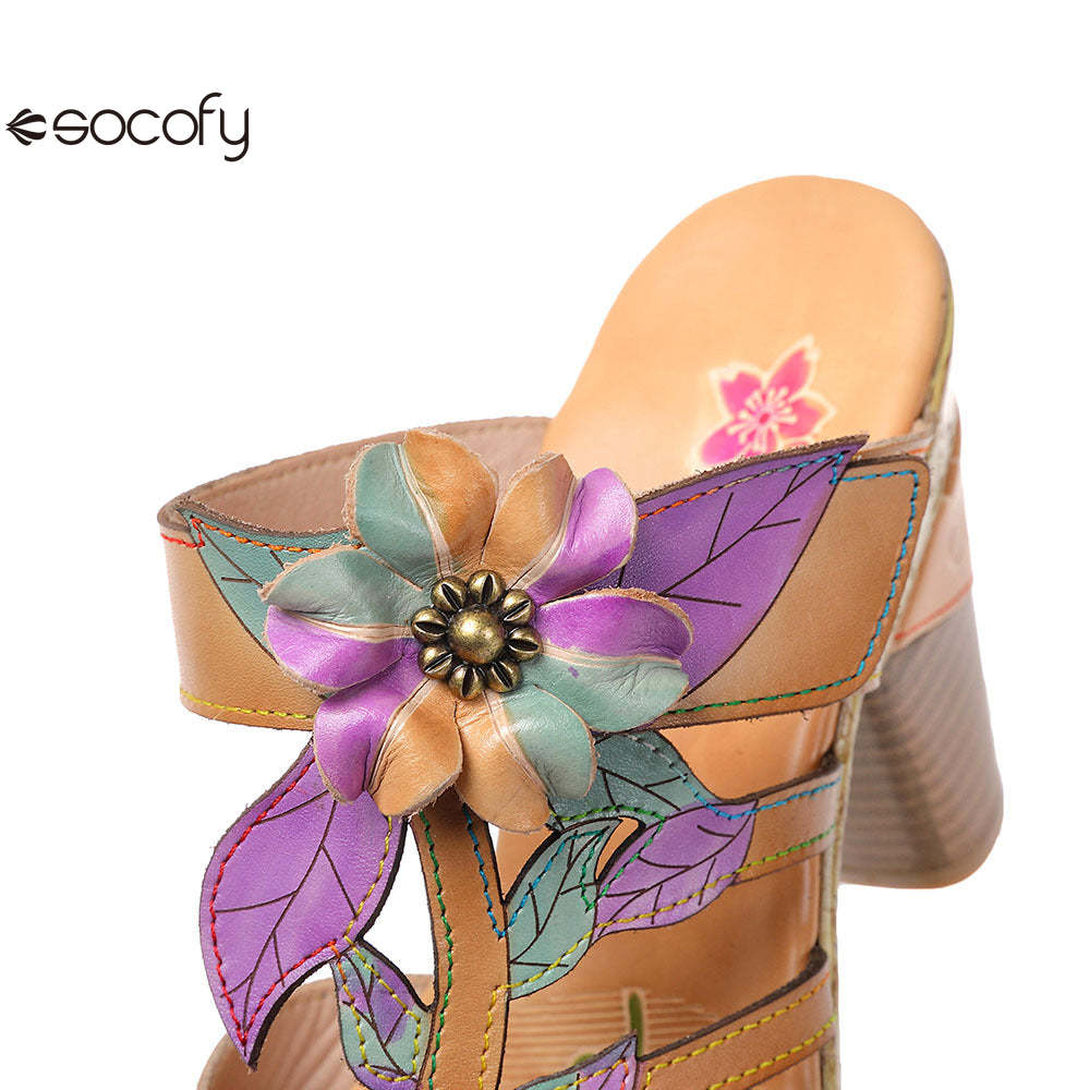 Socofy Vicconfy Flower Patchwork Head Cowhide High Heel Women's Sandals Slippers