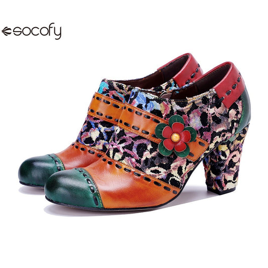 Socofy Genuine Leather Vintage Floral Chunky Heeled Women Pumps 1000