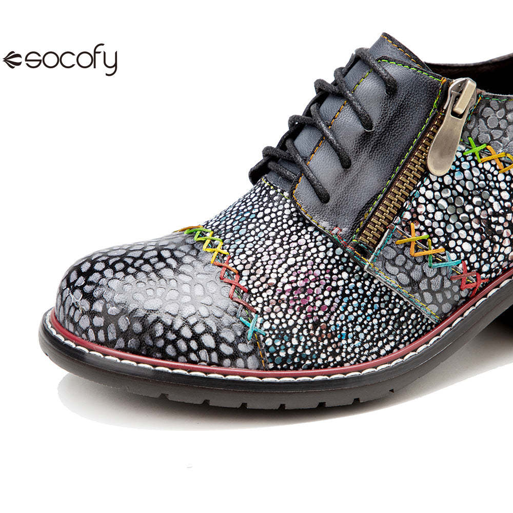 Socofy spring leather zipper Deco Chunky Heels women's shoes