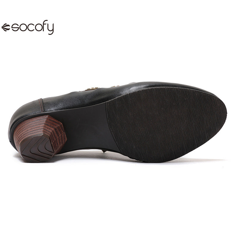 Socofy Vicconfy Genuine Leather Ethnic Style Handmade Vintage Literary Buckle Heels