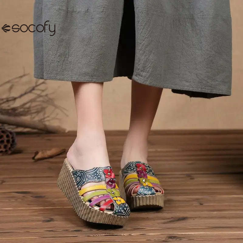 Socofy Genuine Leather National Style Hand-painted Outside Summer Flower Wedges Slides Slippers