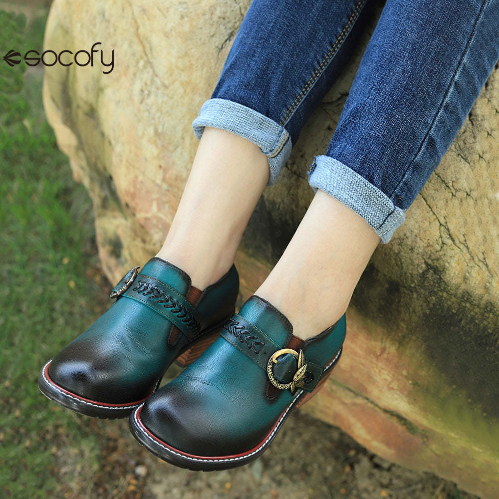 Socofy Genuine Leather Handmade Lace-Up hand-rubbed color Loafers