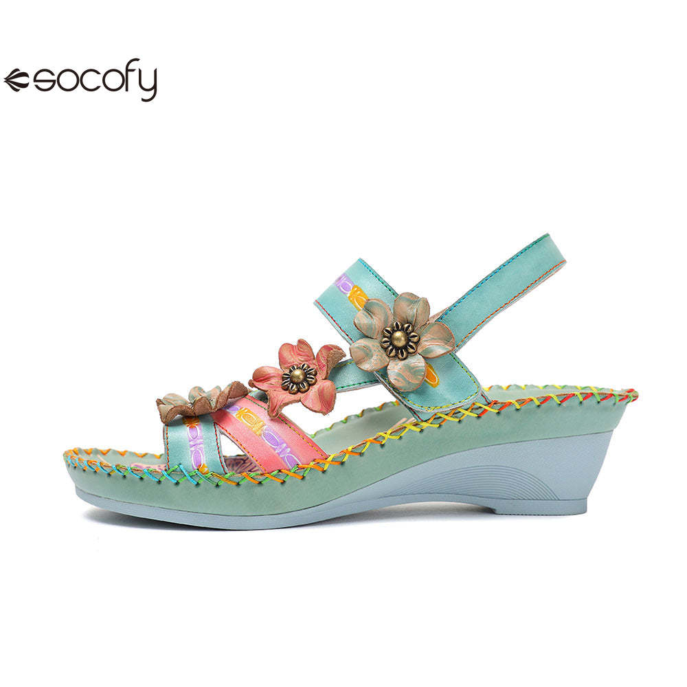 Socofy Vicconfy Genunie Leather Floral Handmade Women's Sandals