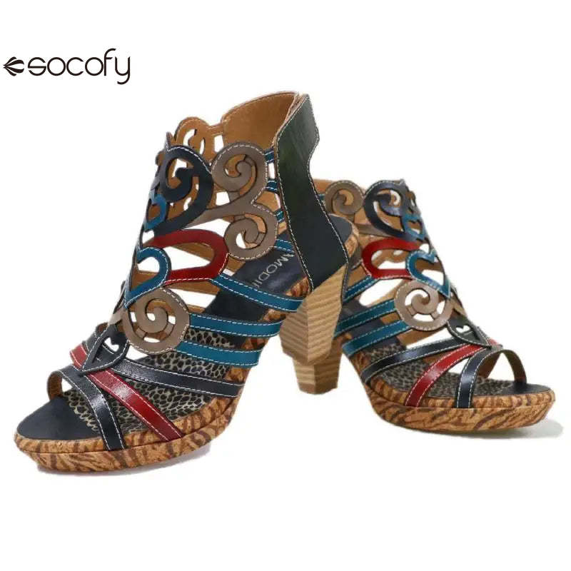 Socofy Genuine Leather Hook & Loop Mixed Colors Retro Sewing Casual High Heels Women Shoes