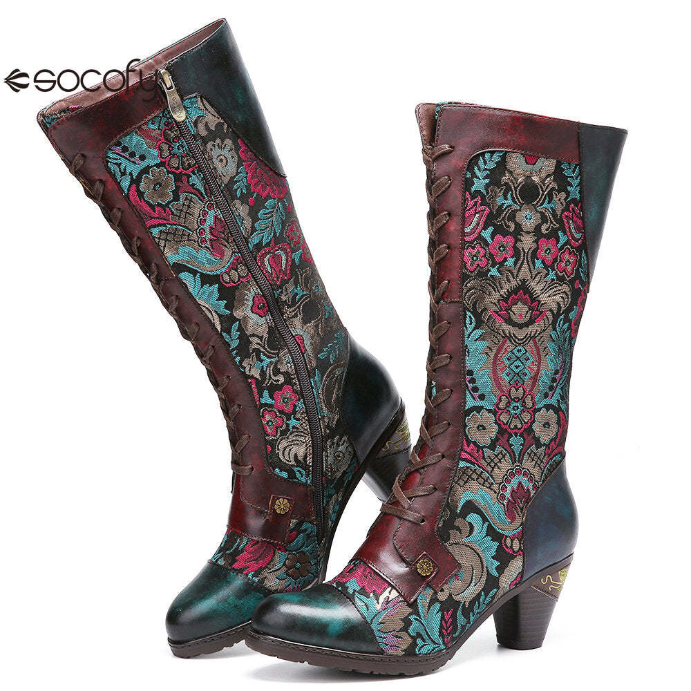 Socofy Autumn and winter women's high-heeled warm and wear-resistant high round toe boots for women