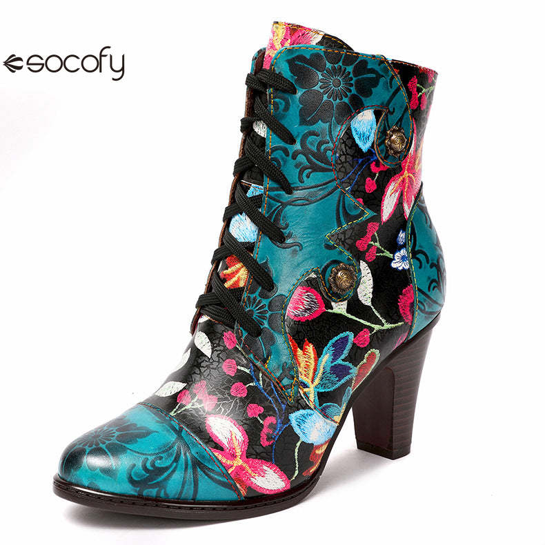 Socofy Vicconfy Ethnic Cowhide Handmade Vintage Flower High Heel Women's Boots