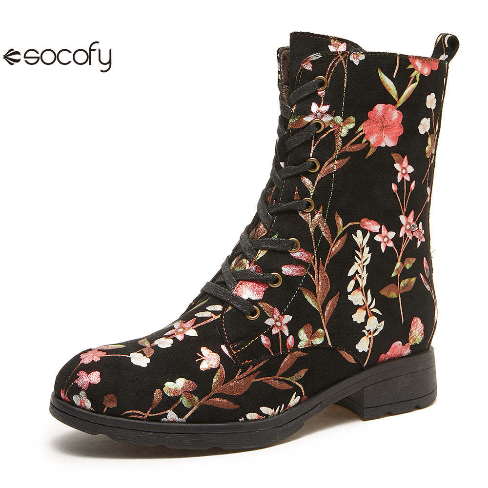 Socofy Autumn and winter warm and wear-resistant mid-calf round-toe cowhide leather fashion boots