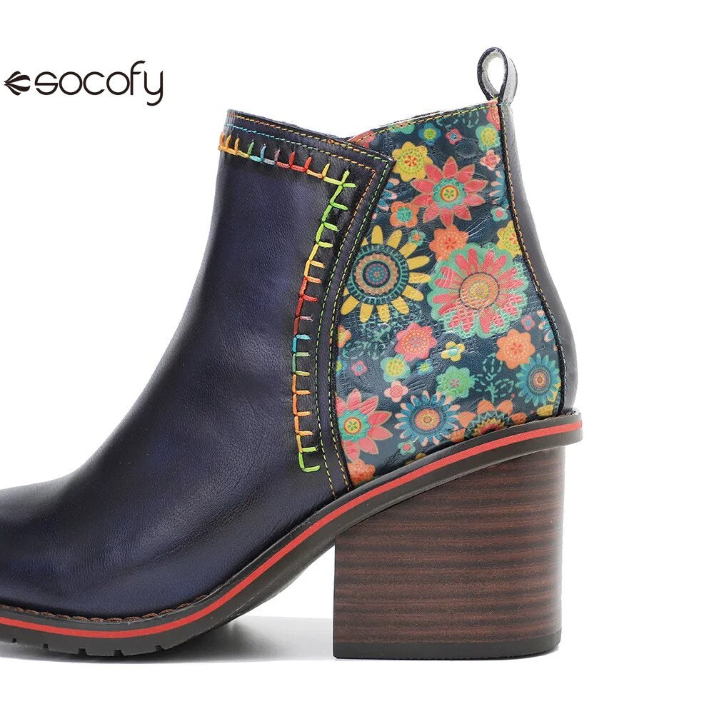 SOCOFY Genuine Leather Winter New Round Toe Patchwork Handmade Ankle Boots