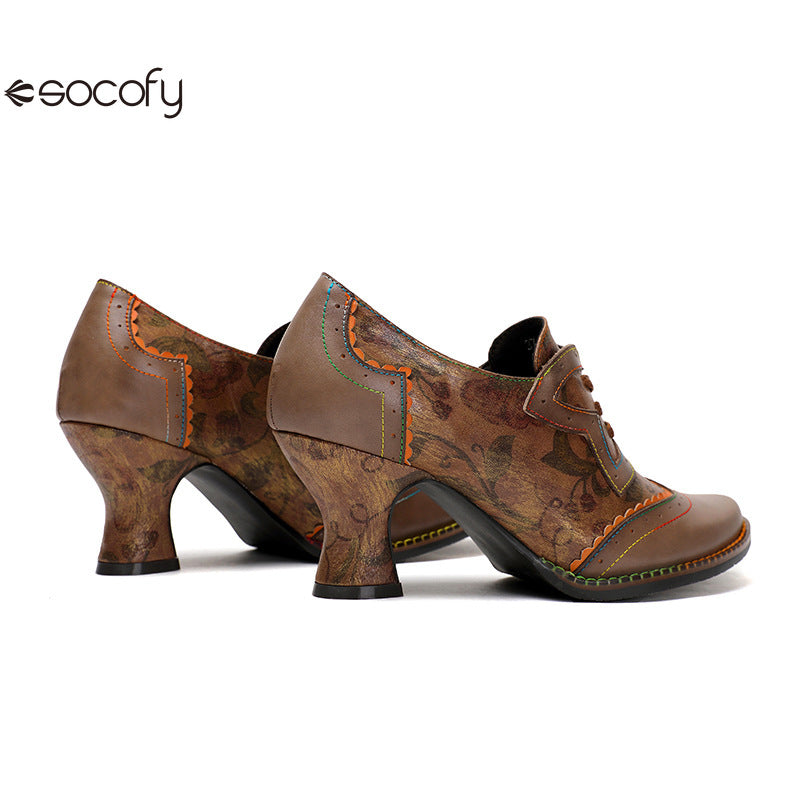 Socofy Vicconfy Genuine Leather Ethnic Brown High Heels