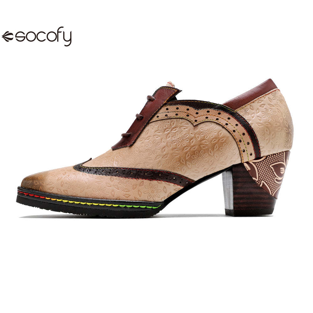 Socofy new spot genuine leather retro style contrasting brogue casual women's thick heel high heels