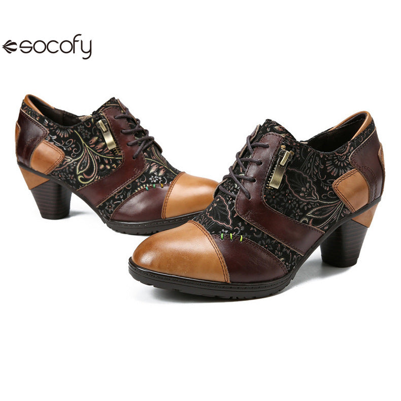 Socofy Vicconfy Genuine leather high heeled three-dimensional flowers drawstring pumps