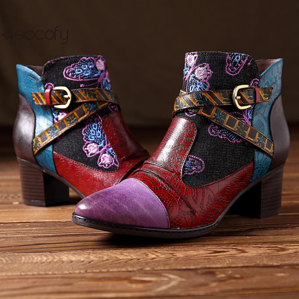 Socofy Vicconfy Patchwork Ethnic Butterfly Women's Boots