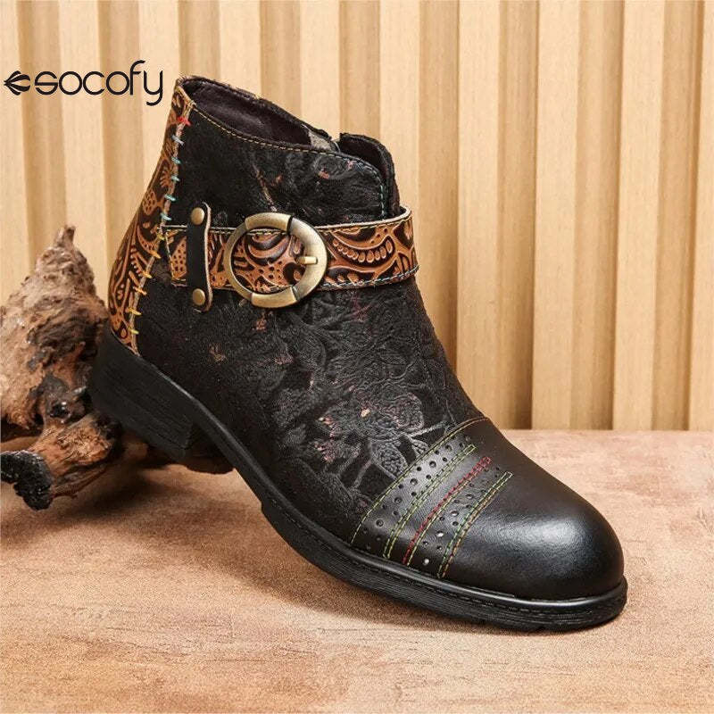 SOCOFY Genuine Leather Ethnic Style Round Toe Belt Buckle Handmade Embossing Short Boots