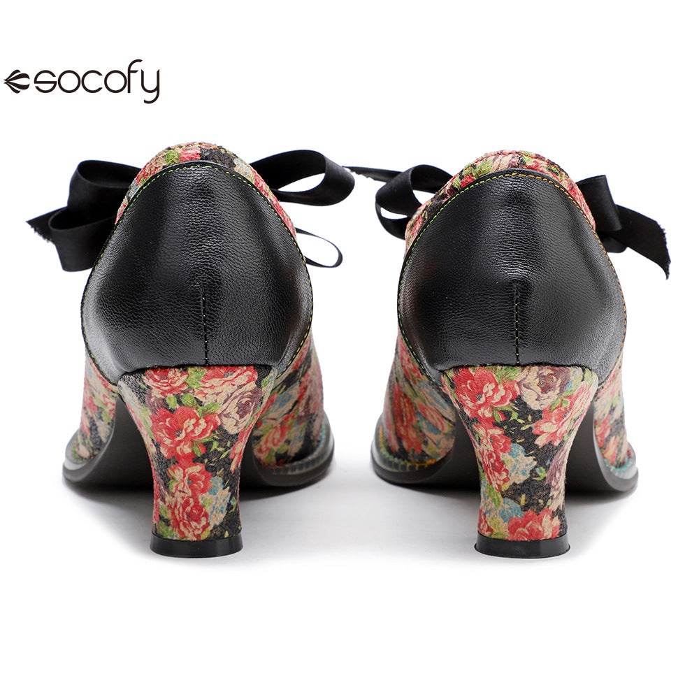 Socofy Vintage Rustic Broken Flower Strappy Bow High Heels