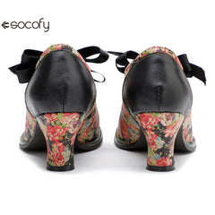 Socofy Vintage Rustic Broken Flower Strappy Bow High Heels