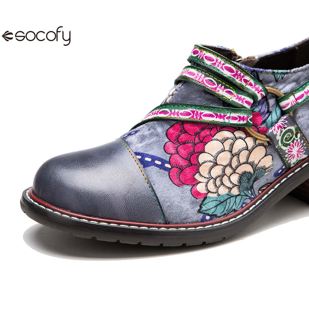 Socofy Leather Patchwork Vintage Graffiti Oxfords Brogues