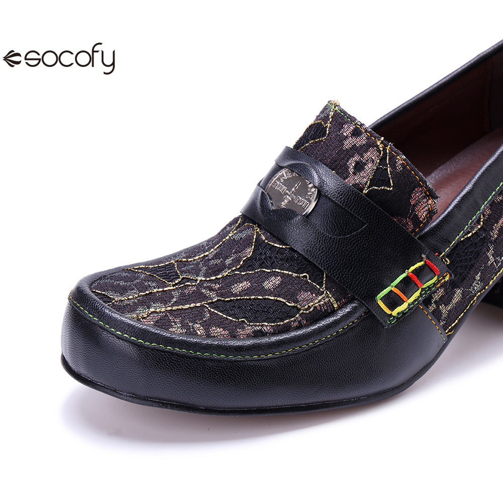 Socofy Leather Patchwork Comfortable Chunky Heeled Loafers Shoes