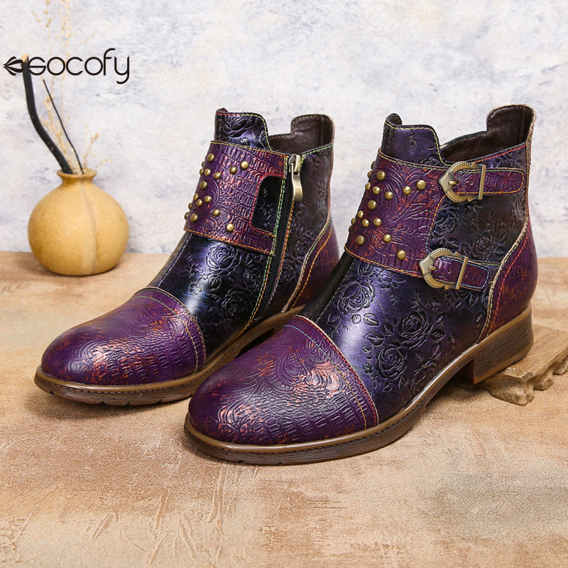 Socofy Vicconfy Genuine Leather Ethnic Vintage Rivet Belt Buckle Boots