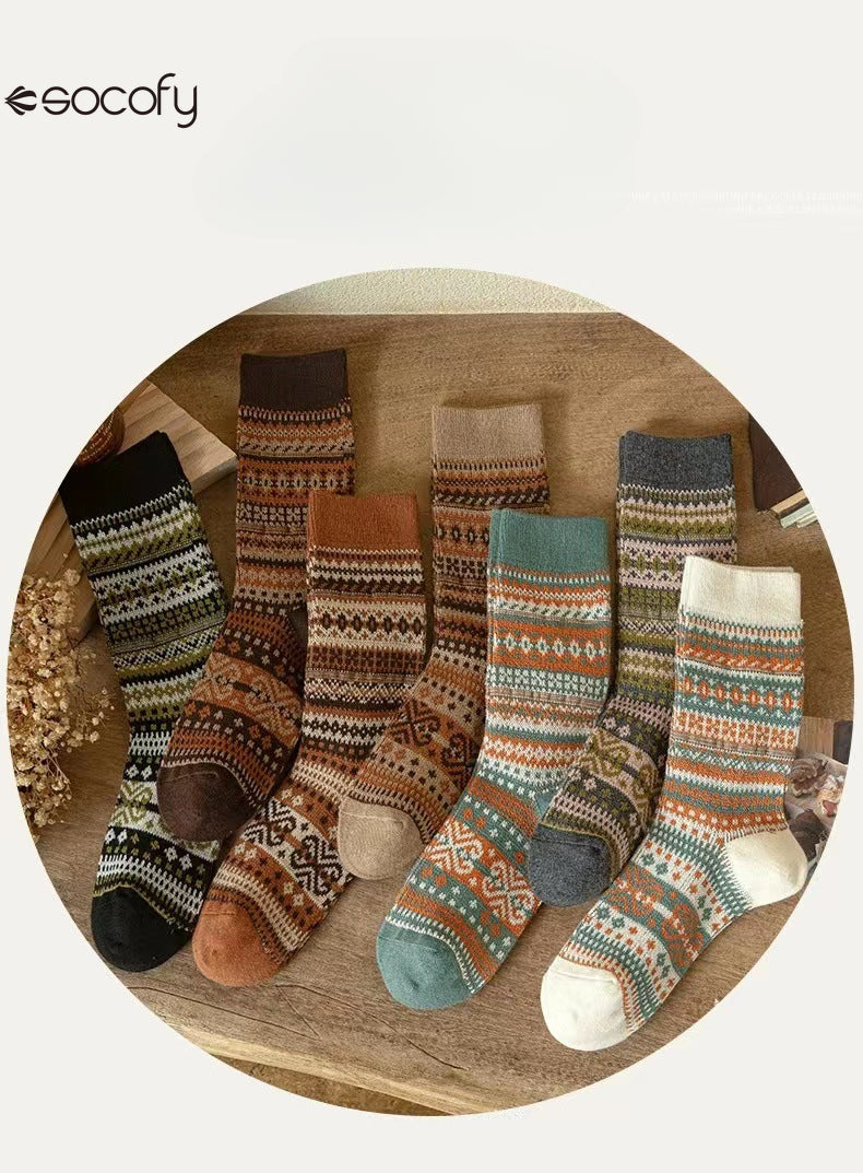 Socofy Vicconfy Mid-calf Socks Vintage Ethnic Striped Cotton Socks