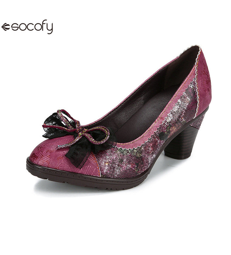 Socofy Vicconfy Genuine Leather Bow High Heels Shoes