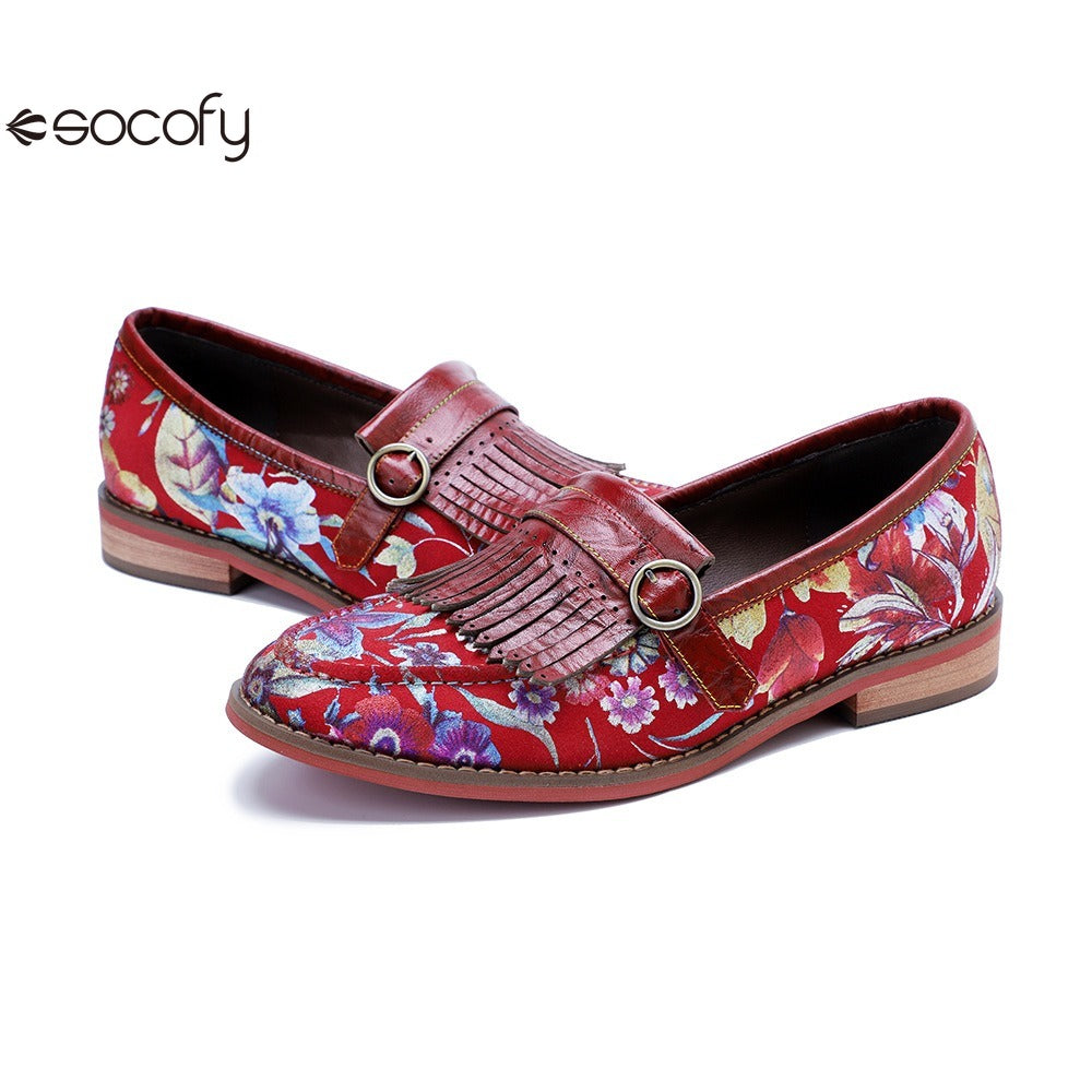 Socofy Handmade Leather Vintage Printed Tassel Flat Loafers Shoes