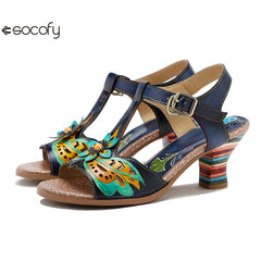 Socofy Genuine Leather Hand-painted Retro Contrast Comfortable High Heeled Sandals