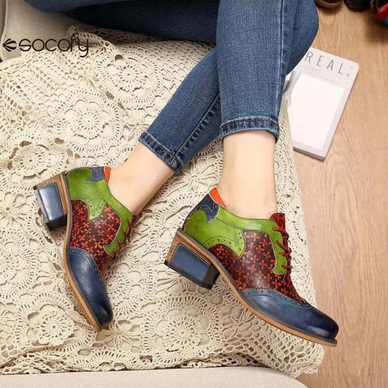 Socofy New Spring Genuine Leather Round Toe Lace-up Mixed Colors Ethnic Casual Sewing Pumps