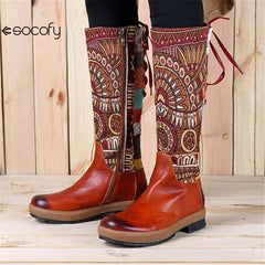 Socofy Vinatge Handmade Knee High Boots For Women Genuine Leather Shoes Women